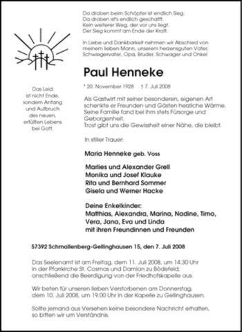Traueranzeige von Paul Henneke von Tageszeitung