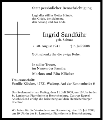 Traueranzeige von Ingrid Sandführ von Tageszeitung