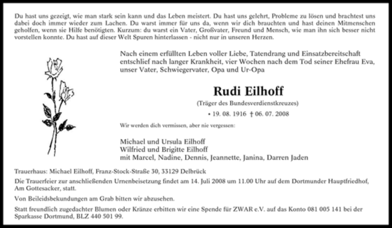  Traueranzeige für Rudi Eilhoff vom 09.07.2008 aus Tageszeitung
