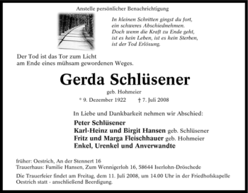 Traueranzeige von Gerda Schlüsener von Tageszeitung