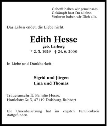 Traueranzeige von Edith Hesse von Tageszeitung
