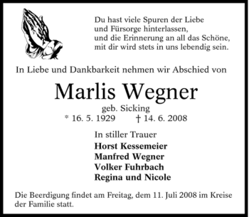 Traueranzeige von Marlis Wegner von Tageszeitung