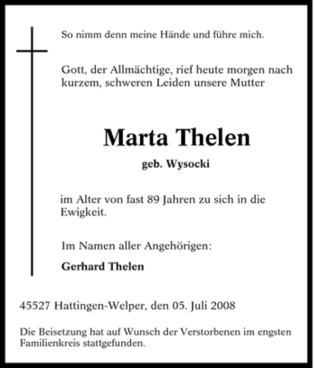 Traueranzeige von Marta Thelen von Tageszeitung