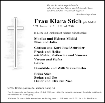 Traueranzeige von Frau Klara Stich von Tageszeitung