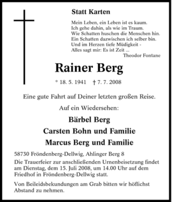 Traueranzeige von Rainer Berg von Tageszeitung