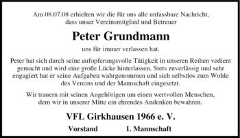 Traueranzeige von Peter Grundmann von Tageszeitung