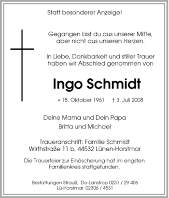 Traueranzeige von Ingo Schmidt von Tageszeitung
