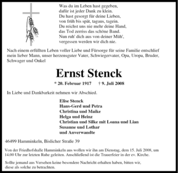 Traueranzeige von Ernst Stenck von Tageszeitung