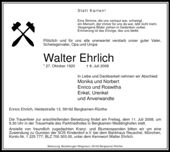 Traueranzeige von Walter Ehrlich von Tageszeitung