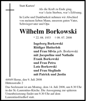 Traueranzeige von Wilhelm Borkowski von Tageszeitung