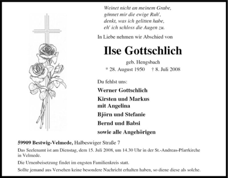  Traueranzeige für Ilse Gottschlich vom 11.07.2008 aus Tageszeitung