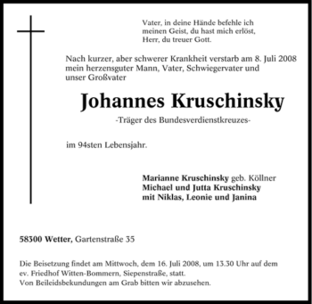 Traueranzeige von Johannes Kruschinsky von Tageszeitung