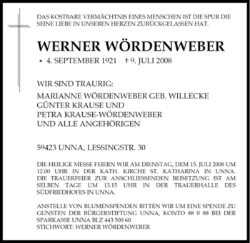 Traueranzeige von WERNER WÖRDENWEBER von Tageszeitung