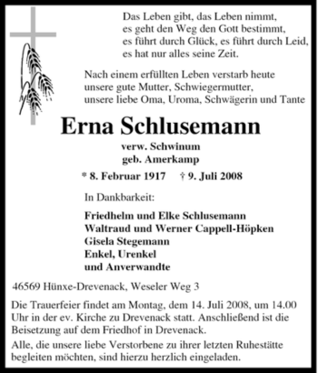 Traueranzeige von Erna Schlusemann von Tageszeitung