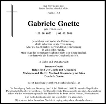 Traueranzeige von Gabriele Goette von Tageszeitung