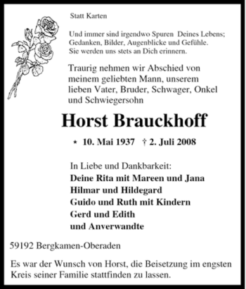 Traueranzeige von Horst Brauckhoff von Tageszeitung
