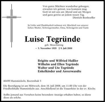 Traueranzeige von Luise Tegründe von Tageszeitung
