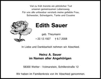 Traueranzeige von Edith Sauer von Tageszeitung