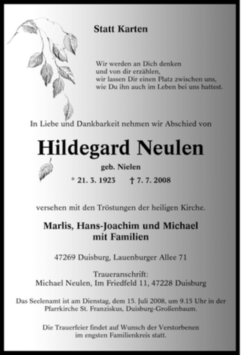 Traueranzeige von Hildegard Neulen von Tageszeitung
