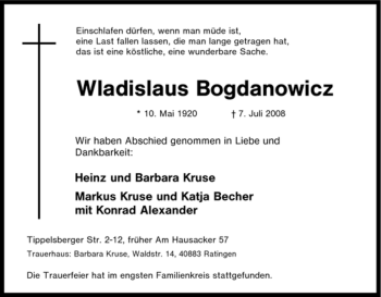 Traueranzeige von Wladislaus Bogdanowicz von Tageszeitung