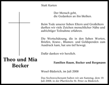 Traueranzeige von Theo und Mia Becker von Tageszeitung