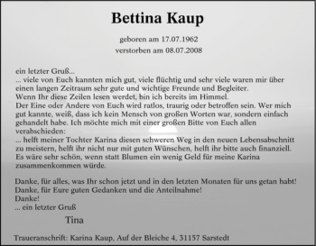 Traueranzeige von Bettina Kaup von Tageszeitung