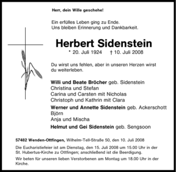 Traueranzeige von Herbert Sidenstein von Tageszeitung