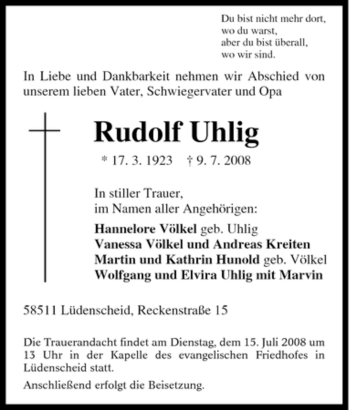 Traueranzeige von Rudolf Uhlig von Tageszeitung
