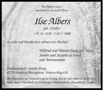 Traueranzeige von Ilse Albers von Tageszeitung
