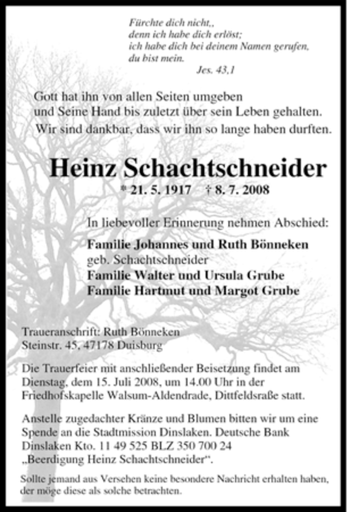  Traueranzeige für Heinz Schachtschneider vom 12.07.2008 aus Tageszeitung