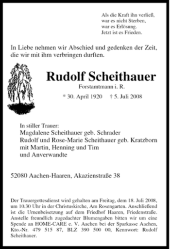 Traueranzeige von Rudolf Scheithauer von Tageszeitung