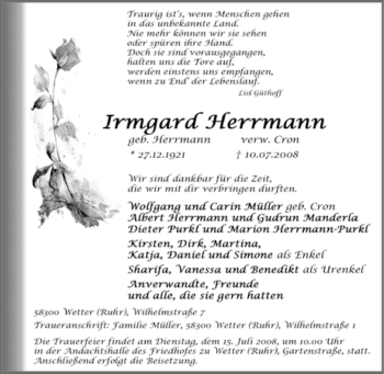 Traueranzeige von Irmgard Herrmann von Tageszeitung