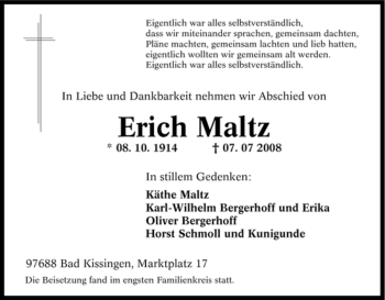 Traueranzeige von Erich Maltz von Tageszeitung