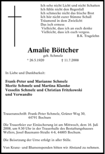 Traueranzeige von Amalie Böttcher von Tageszeitung