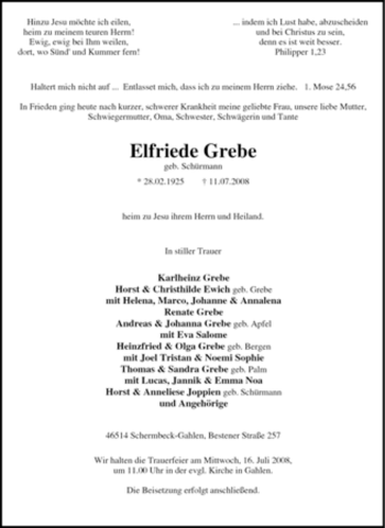 Traueranzeige von Elfriede Grebe von Tageszeitung