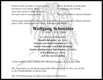 Traueranzeige von Wolfgang Schneider von Tageszeitung