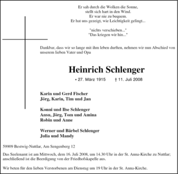 Traueranzeige von Heinrich Schlenger von Tageszeitung