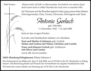 Traueranzeige von Antonie Gerlach von Tageszeitung