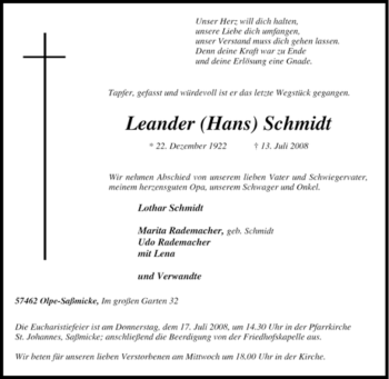 Traueranzeige von Leander Schmidt von Tageszeitung