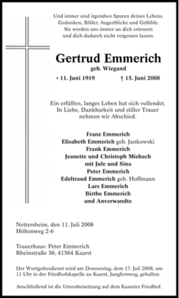  Traueranzeige für Gertrud Emmerich vom 15.07.2008 aus Tageszeitung