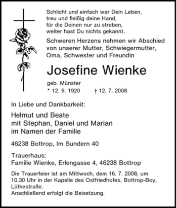 Traueranzeige von Josefine Wienke von Tageszeitung