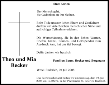 Traueranzeige von Theo und Mia Becker von Tageszeitung