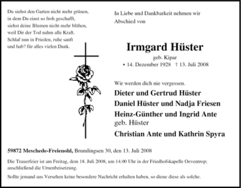 Traueranzeige von Irmgard Hüster von Tageszeitung