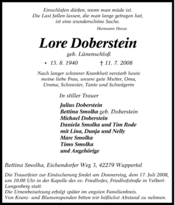 Traueranzeige von Lore Doberstein von Tageszeitung