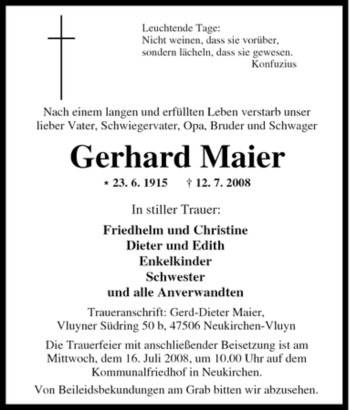 Traueranzeige von Gerhard Maier von Tageszeitung