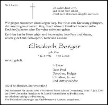 Traueranzeige von Elisabeth Berger von Tageszeitung