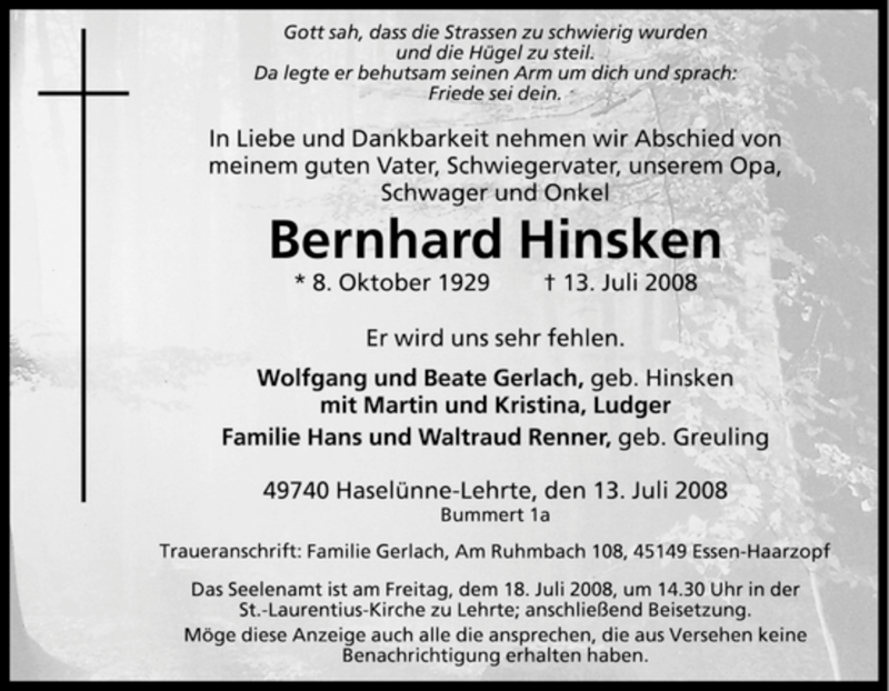  Traueranzeige für Bernhard Hinsken vom 16.07.2008 aus Tageszeitung