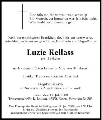 Traueranzeige von Luzie Kellass von Tageszeitung