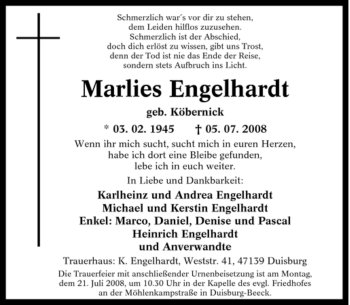 Traueranzeige von Marlies Engelhardt von Tageszeitung