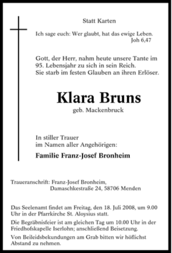 Traueranzeige von Klara Bruns von Tageszeitung